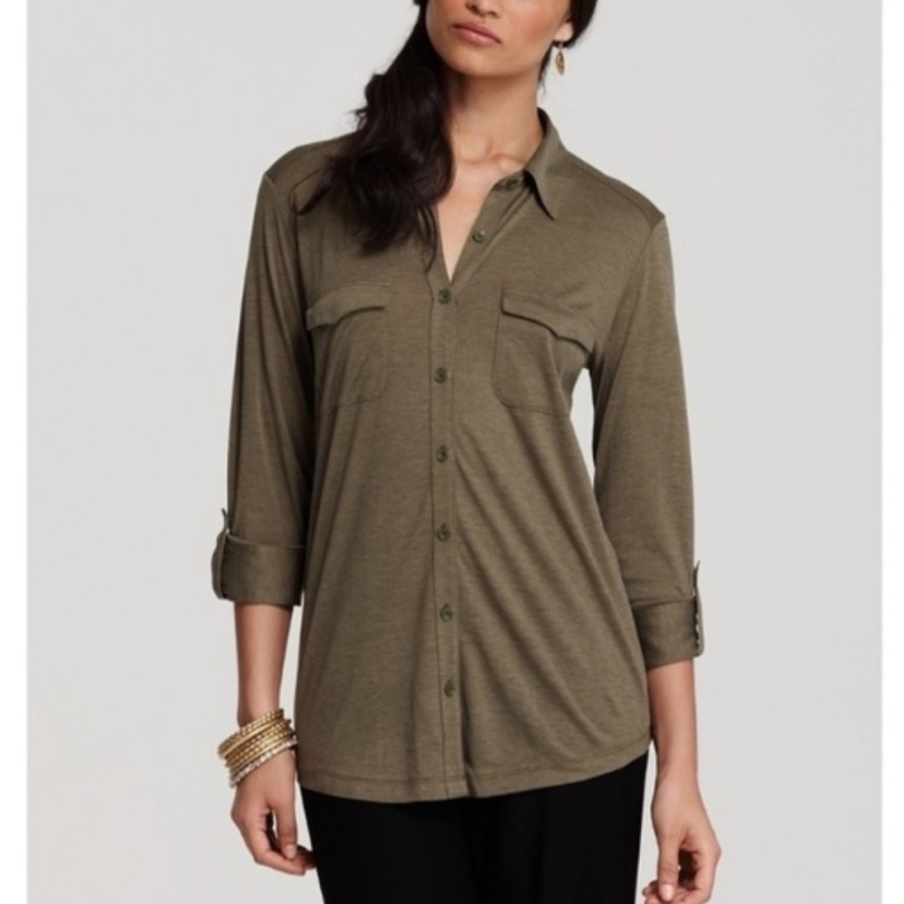 Eileen Fisher Button up Top Womens XL Green Silk Blend Roll Tab Sleeve Light